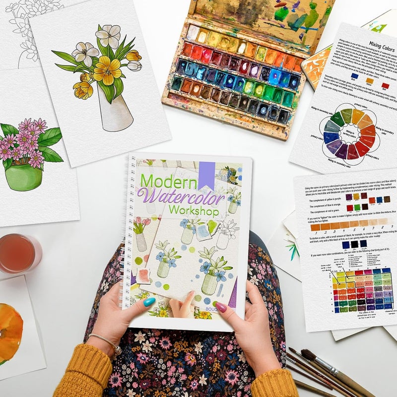 ADEVIAN Watercolor Workbook, Watercolor Workbook Paint Book Beginner Friendly, 12 Different Patterns Stress-Relieving Art Crafts for Creative Exploration Gift for Women Adults Teens (Bouquet, 1) - Image 2